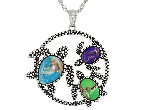 Mixed Color Turquoise Sterling Silver Turtle Pendant with Chain