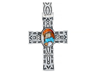 Blended Turquoise & Orange Spiny Oyster Shell Sterling Silver Cross Enhancer Pendant