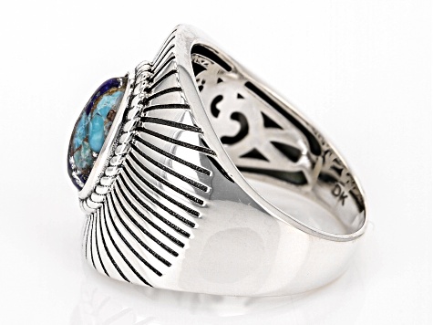 Blended Turquoise, Spiny Oyster Shell & Lapis Lazuli Rhodium Over Sterling Silver Solitaire Ring