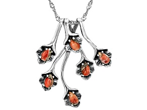 Orange Spiny Oyster Shell Sterling Silver Floral Pendant With Chain