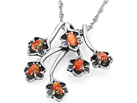 Orange Spiny Oyster Shell Sterling Silver Floral Pendant With Chain