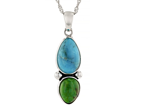 Blue & Green Turquoise 2-Stone Sterling Silver Pendant With Chain