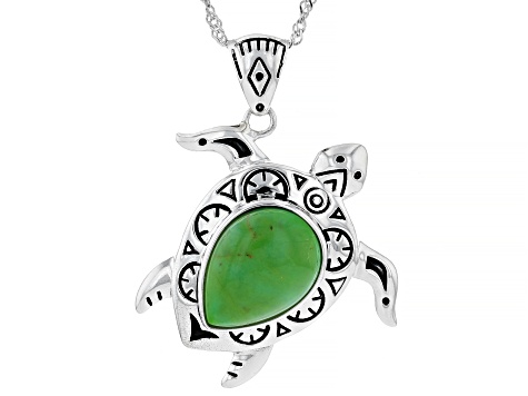 Green Turquoise Sterling Silver Turtle Pendant With Chain