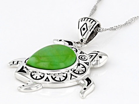 Green Turquoise Sterling Silver Turtle Pendant With Chain