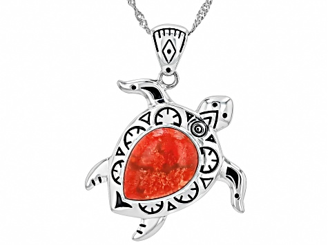 Red Coral Sterling Silver Turtle Pendant With Chain