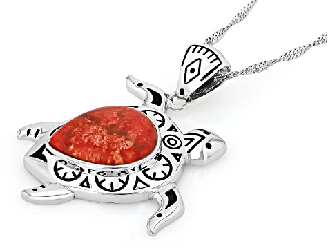 Red Coral Sterling Silver Turtle Pendant With Chain