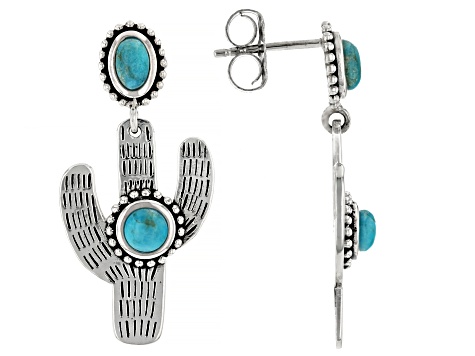 Blue Turquoise Sterling Silver Cactus Dangle Earrings