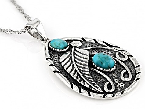 Blue Turquoise Sterling Silver Feather Pendant With Chain