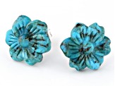 Flower Carved Blue Turquoise Sterling Silver Stud Earrings