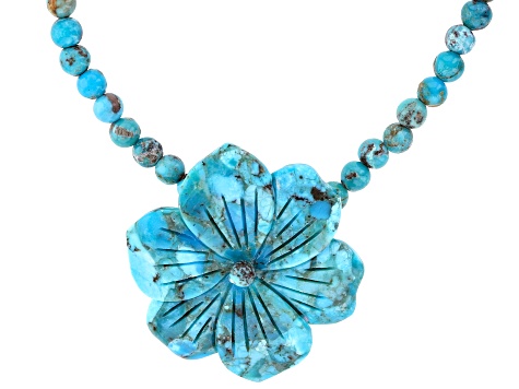 Flower Carved Blue Turquoise Rhodium Over Sterling Silver Beaded Necklace