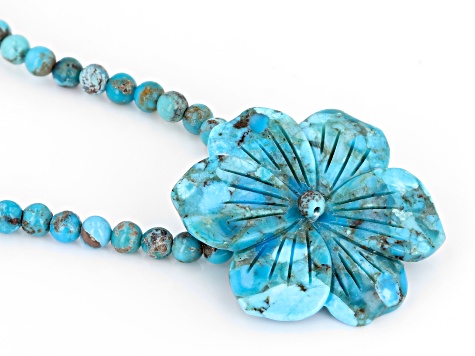 Flower Carved Blue Turquoise Rhodium Over Sterling Silver Beaded Necklace