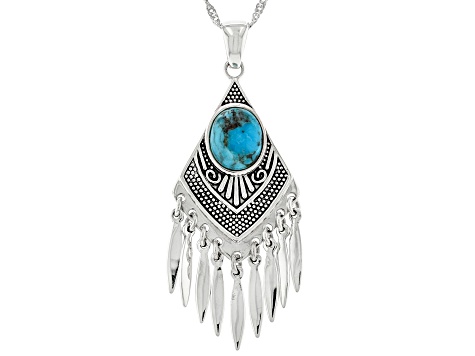 Blue Turquoise Oxidized Sterling Silver Tassel Pendant With Chain