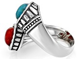 Blue Turquoise & Coral Sterling Silver Bypass Ring