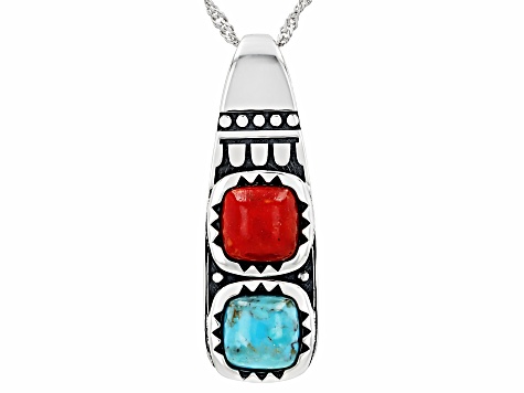 Blue Turquoise & Coral Sterling Silver Pendant With Chain
