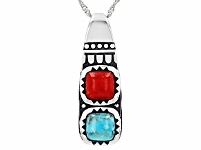 Blue Turquoise & Coral Sterling Silver Pendant With Chain