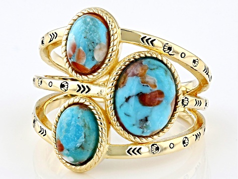 Blended Turquoise With Spiny Oyster Shell 18k Gold Over Sterling Silver Ring