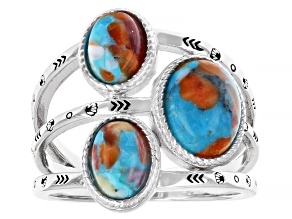 Blended Turquoise With Spiny Oyster Shell Rhodium Over Sterling Silver Ring