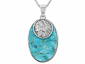 Blue Composite Turquoise Sterling Silver "Native American Indian Chief" Pendant With Chain