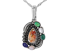 Spiny Oyster Shell With Multi-Gemstone Sterling Silver Enhancer With Chain