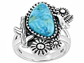 Blue Turquoise Oxidized Sterling Silver Cactus & Hummingbird Ring