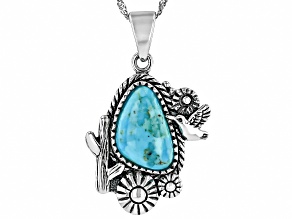 Blue Turquoise Sterling Silver Cactus & Hummingbird Pendant With Chain