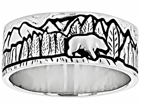 Oxidized Sterling Silver Bear In Mountain Landscape Band Ring