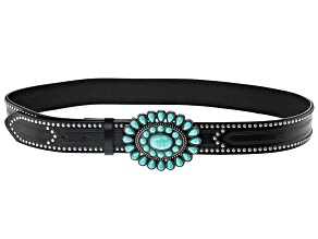 Turquoise Simulant Antique Silver Tone Black Faux Leather Belt