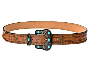 Turquoise Simulant Antiqued Gold Tone Brown Faux Leather Belt