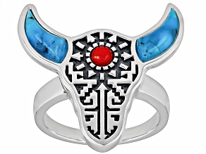 Composite Turquoise With Red Sponge Coral Sterling Silver Bull Ring