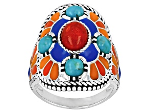 Sponge Coral With Composite Turquoise & Enamel Sterling Silver Ring