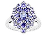 Blue Tanzanite Rhodium Over Sterling Silver Cluster Ring 1.80ctw