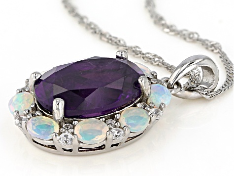 Purple African Amethyst Rhodium Over Sterling  Silver Pendant With Chain 6.01ctw