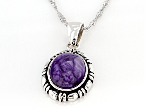 Purple Charoite Rhodium Over Sterling Silver Pendant With Chain