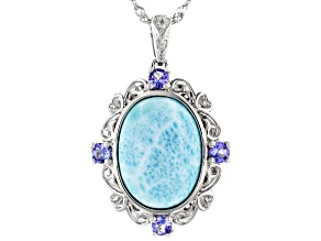 Blue Larimar Rhodium Over Sterling Silver Pendant with Chain 0.41ctw