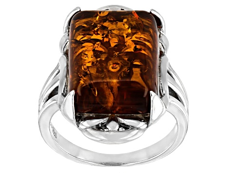 Orange Amber Rhodium Over Sterling Silver Solitaire Ring