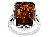 Orange Amber Rhodium Over Sterling Silver Solitaire Ring