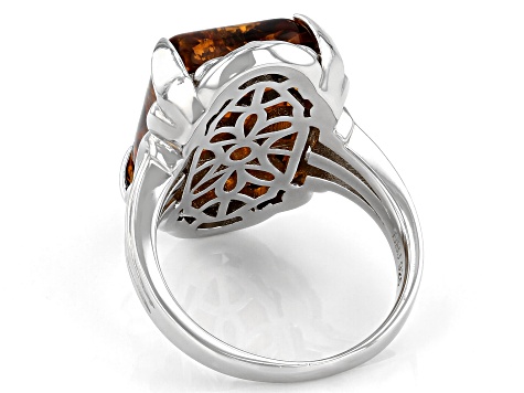 Orange Amber Rhodium Over Sterling Silver Solitaire Ring