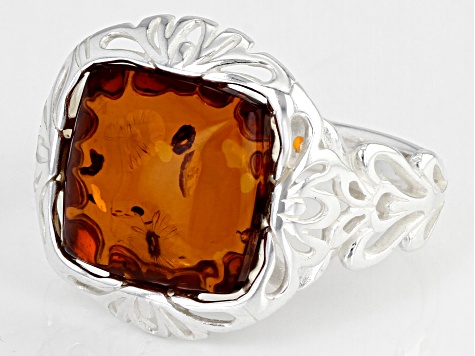Orange Square Cabochon Cognac Amber Sterling Silver Solitaire Ring