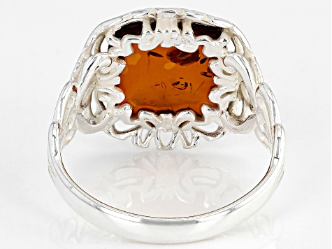 Orange Square Cabochon Cognac Amber Sterling Silver Solitaire Ring