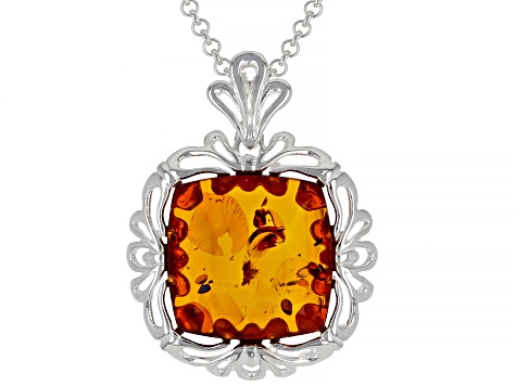 Orange Amber Sterling Silver Pendant With Chain