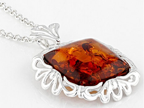 Orange Amber Sterling Silver Pendant With Chain