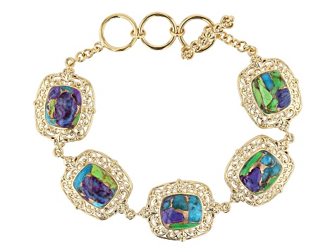 Multi-Color Mohave Composite Turquoise 18K Yellow Gold Over Sterling Silver Toggle Bracelet