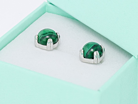 Green Malachite Platinum Over Sterling Silver Stud Earrings with Box