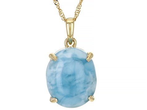 Blue Oval Larimar 10k Yellow Gold Pendant With Chain