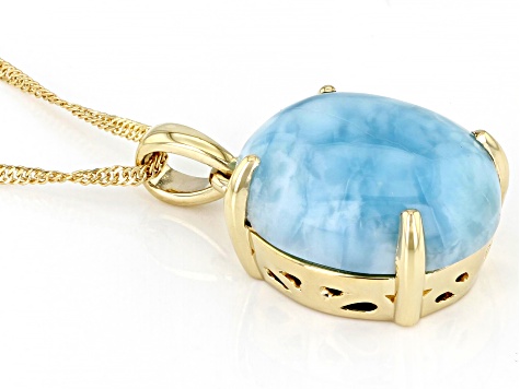 Blue Oval Larimar 10k Yellow Gold Pendant With Chain