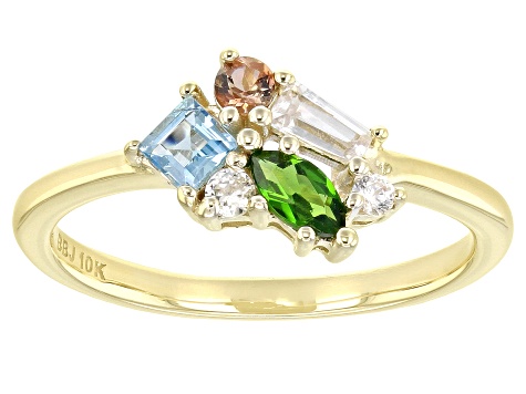 Mixed Gemstone 10k Yellow Gold Cluster Ring .56ctw