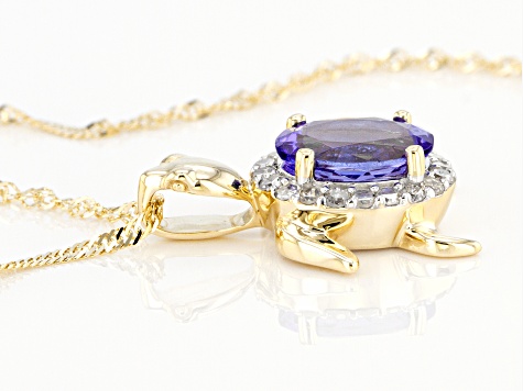Blue Tanzanite 10k Yellow Gold Turtle Pendant With Chain