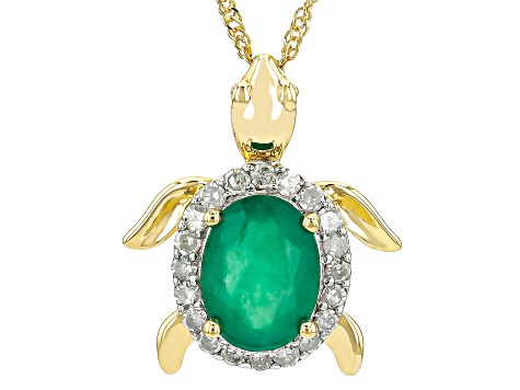 Green Emerald 10k Yellow Gold Turtle Pendant With Chain 1.07ctw