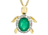 Green Emerald 10k Yellow Gold Turtle Pendant With Chain 1.07ctw