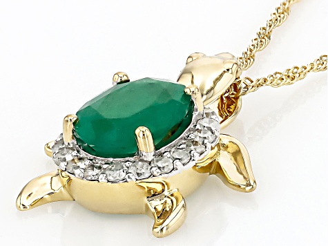 Green Emerald 10k Yellow Gold Turtle Pendant With Chain 1.07ctw